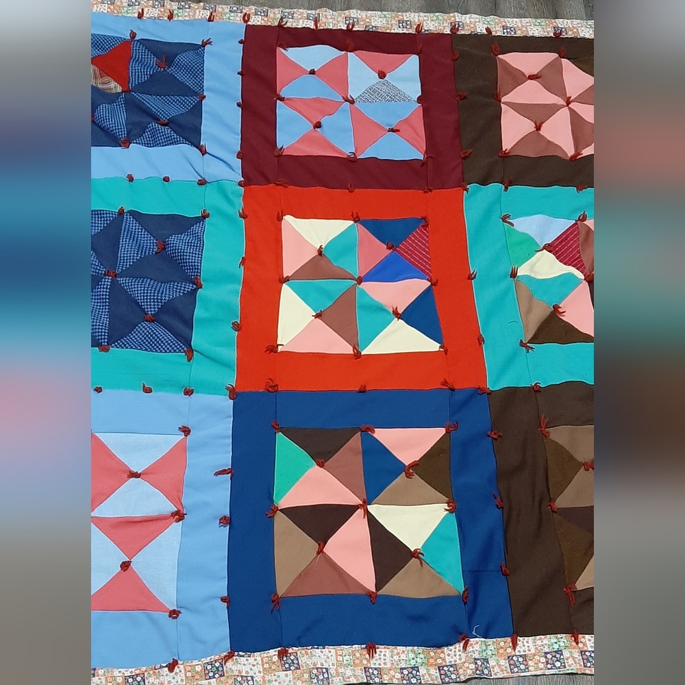 Vintage Handmade Gabardine Fabric Crazy Quilt Throw Hand Tied Reversible Warm
